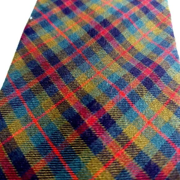 Gap Rayon Wool Plaid Green Blue Red Yellow Rayon Wool Mad In USA Tie - Picture 2 of 6